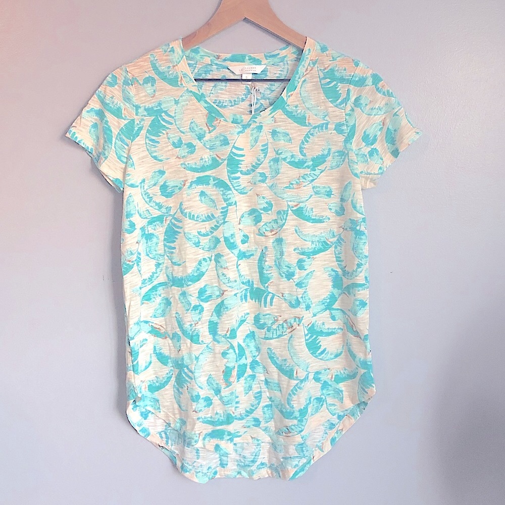 New Palm Leaf Print Metallic Foil Lauren Conrad Aqua Cream Tee T-shirt Tee Small